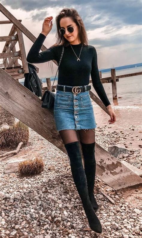 jean skirt and boots outfit.